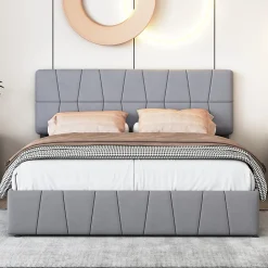 Lit double 160x200 cm, 4 tiroirs en fer, sommier à lattes, structure en métal, tissu velours, gris>Simple Life Sale