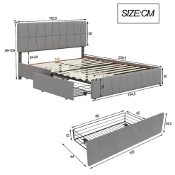 Lit double 160x200 cm, 4 tiroirs en fer, sommier à lattes, structure en métal, tissu velours, gris><noscript><img width=