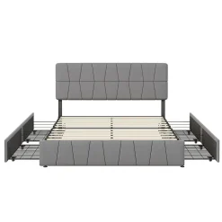 Lit double 160x200 cm, 4 tiroirs en fer, sommier à lattes, structure en métal, tissu velours, gris><noscript><img width=