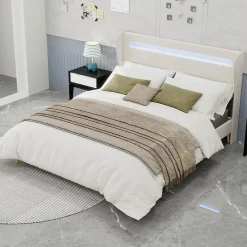 Lit Double 160x200 cm - Tête de Lit LED Intégrée et Base Basse Anti-Poussière, Lit Adulte/Ado, Velours, Beige, Sans Matelas>Okwish Hot