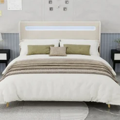 Lit Double 160x200 cm - Tête de Lit LED Intégrée et Base Basse Anti-Poussière, Lit Adulte/Ado, Velours, Beige, Sans Matelas>Okwish Hot