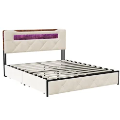 Fortuna lai Lit double, 140x190 cm, avec 4 tiroirs, lumière LED et port USB, tête de lit en velours, beige* Lit Coffre
