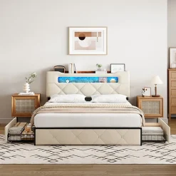 Fortuna lai Lit double, 140x190 cm, avec 4 tiroirs, lumière LED et port USB, tête de lit en velours, beige* Lit Coffre
