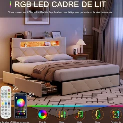 Fortuna lai Lit double, 140x190 cm, avec 4 tiroirs, lumière LED et port USB, tête de lit en velours, beige* Lit Coffre