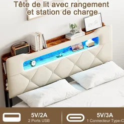 Fortuna lai Lit double, 140x190 cm, avec 4 tiroirs, lumière LED et port USB, tête de lit en velours, beige* Lit Coffre