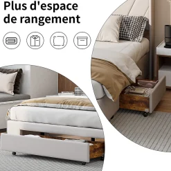 Generique Lit double 140x200 cm avec 3 tiroirs, sommier à lattes, lit queen size, linge, lit capitonné pour adulte - Beige* Lit Coffre