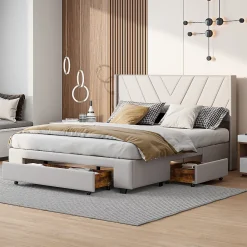 Generique Lit double 140x200 cm avec 3 tiroirs, sommier à lattes, lit queen size, linge, lit capitonné pour adulte - Beige* Lit Coffre