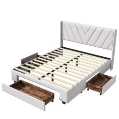 Generique Lit double 140x200 cm avec 3 tiroirs, sommier à lattes, lit queen size, linge, lit capitonné pour adulte - Beige* Lit Coffre