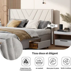 Generique Lit double 140x200 cm avec 3 tiroirs, sommier à lattes, lit queen size, linge, lit capitonné pour adulte - Beige* Lit Coffre