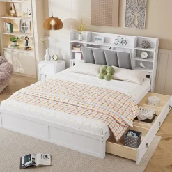Lit Double 160x200 cm avec 3 Tiroirs Sur Roulettes, Rangement Sous Sommier, Tête de Lit avec Étagères - Pin Massif, Blanc Velours>Okwish