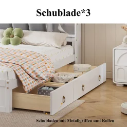 Lit Double 160x200 cm avec 3 Tiroirs Sur Roulettes, Rangement Sous Sommier, Tête de Lit avec Étagères - Pin Massif, Blanc Velours><noscript><img width=