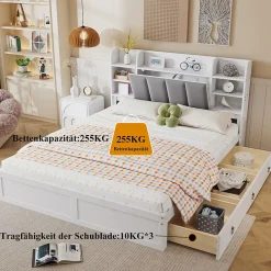 Lit Double 160x200 cm avec 3 Tiroirs Sur Roulettes, Rangement Sous Sommier, Tête de Lit avec Étagères - Pin Massif, Blanc Velours><noscript><img width=