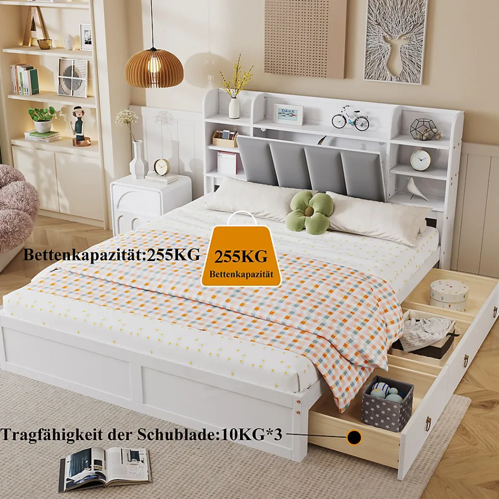 Lit Double 160x200 cm avec 3 Tiroirs Sur Roulettes, Rangement Sous Sommier, Tête de Lit avec Étagères - Pin Massif, Blanc Velours>Okwish