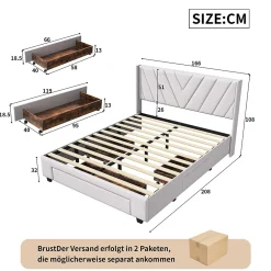 Generique Lit double 160x200 cm avec 3 tiroirs, sommier à lattes, lit queen size, linge, lit capitonné pour adulte - Beige* Lit Double
