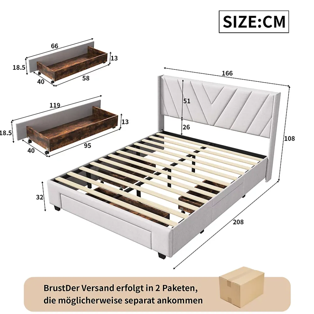 Generique Lit double 160x200 cm avec 3 tiroirs, sommier à lattes, lit queen size, linge, lit capitonné pour adulte - Beige* Lit Double