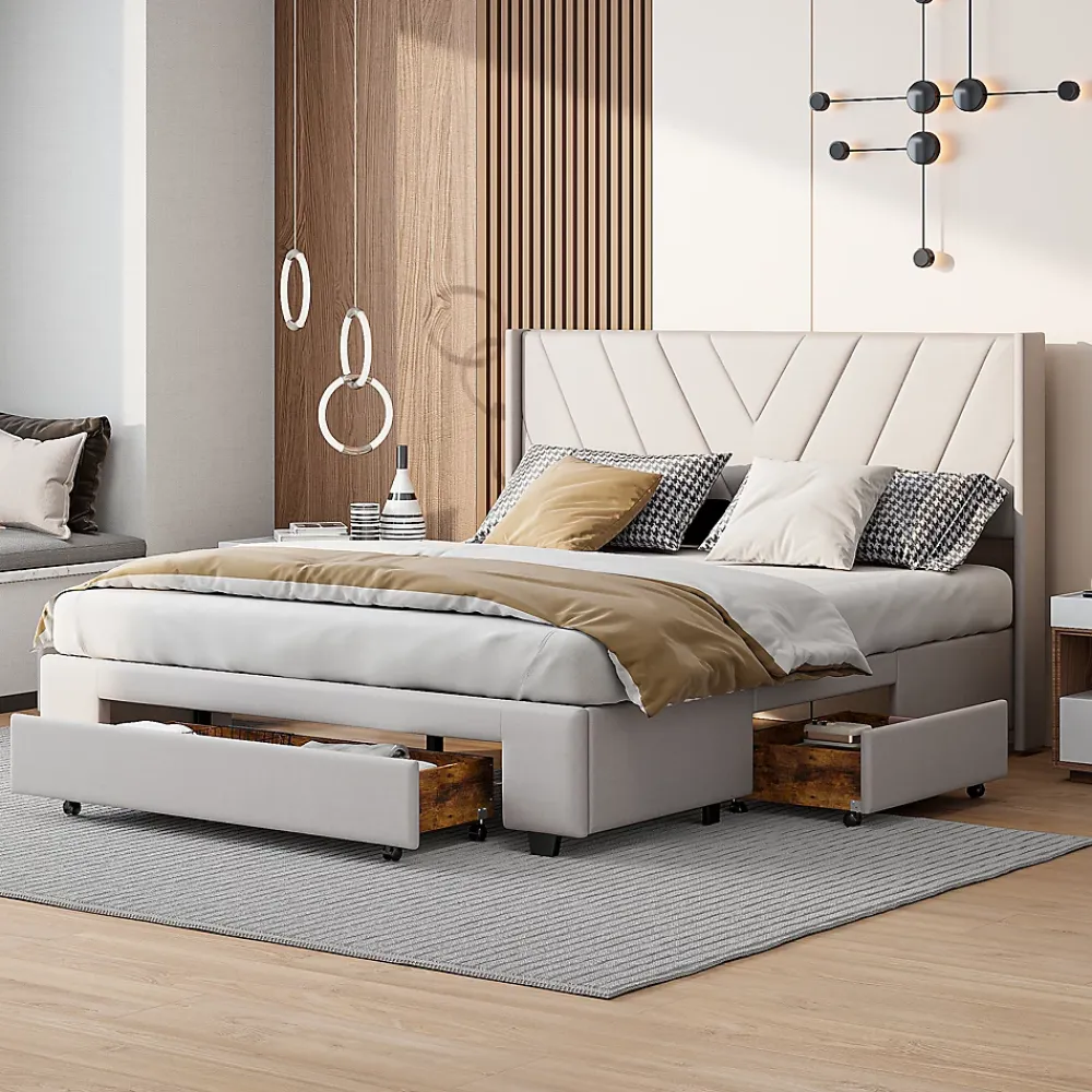 Generique Lit double 160x200 cm avec 3 tiroirs, sommier à lattes, lit queen size, linge, lit capitonné pour adulte - Beige* Lit Double
