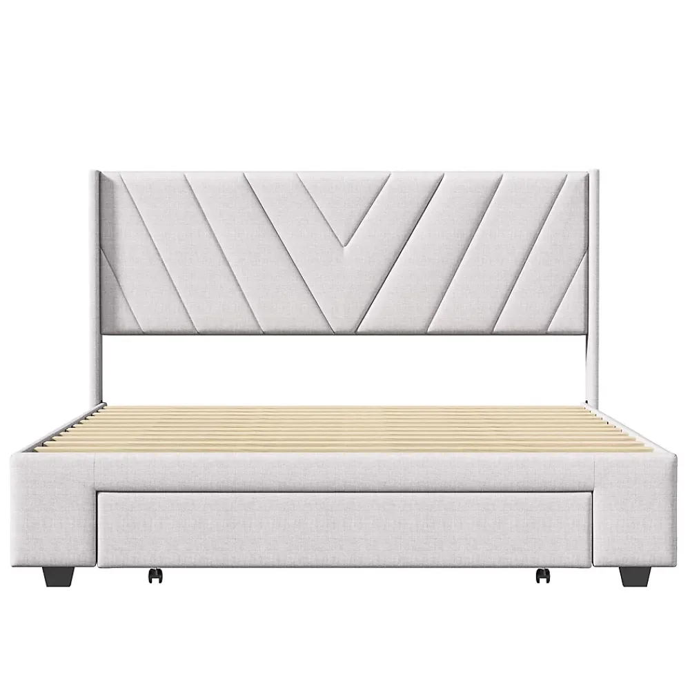 Generique Lit double 160x200 cm avec 3 tiroirs, sommier à lattes, lit queen size, linge, lit capitonné pour adulte - Beige* Lit Double
