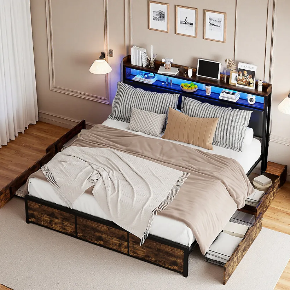 Lit double 140x200 cm avec cadre en métal, tête de lit en PU noir mat motif tigre et éclairage LED intégré>ProximaX New