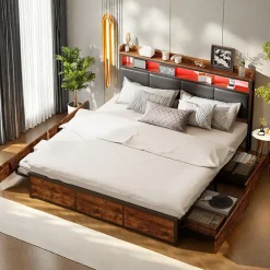 Lit double 140x200 cm avec cadre en métal, tête de lit en PU noir mat motif tigre et éclairage LED intégré>ProximaX New