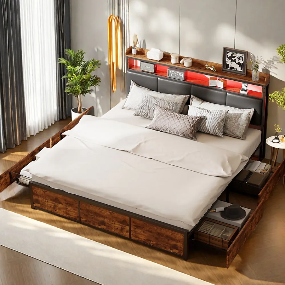 Lit double 140x200 cm avec cadre en métal, tête de lit en PU noir mat motif tigre et éclairage LED intégré>ProximaX New