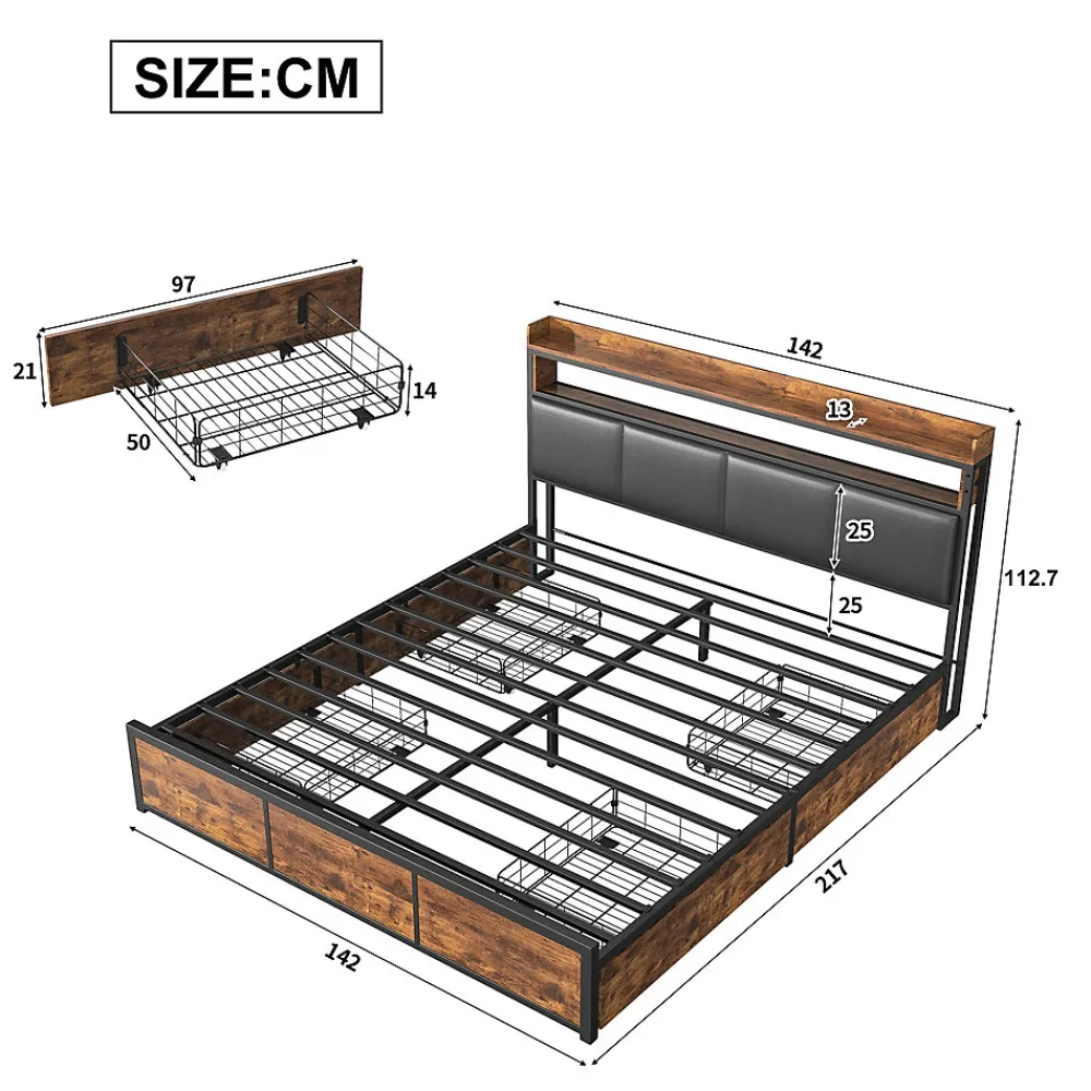Lit double 140x200 cm avec cadre en métal, tête de lit en PU noir mat motif tigre et éclairage LED intégré>ProximaX New