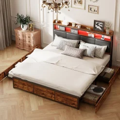 Lit double 140x200 cm avec cadre en métal, tête de lit en PU noir mat motif tigre et éclairage LED intégré><noscript><img width=