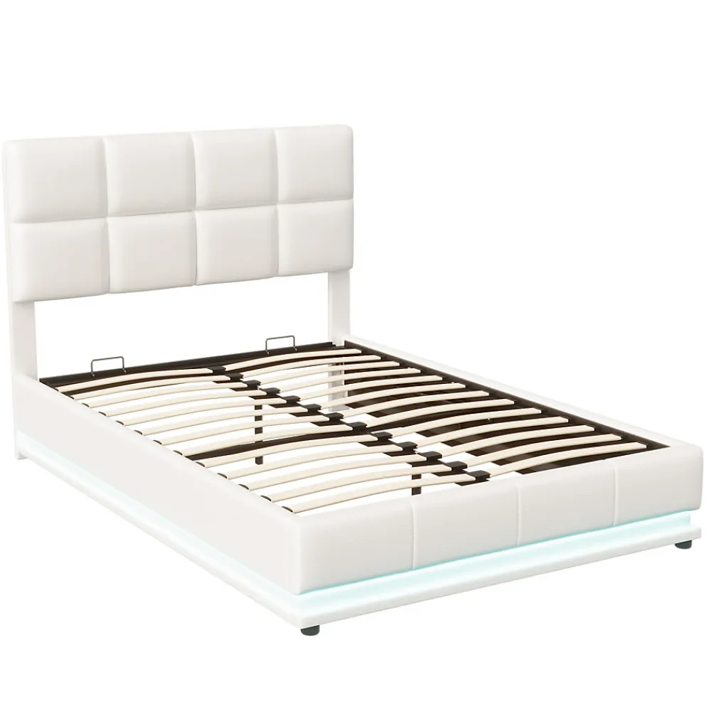 Lit Double 140x190 Cm, Avec Éclairage LED, Lit Avec Sommier Et Rangement, Pu, Blanc>Fortuna lai Sale