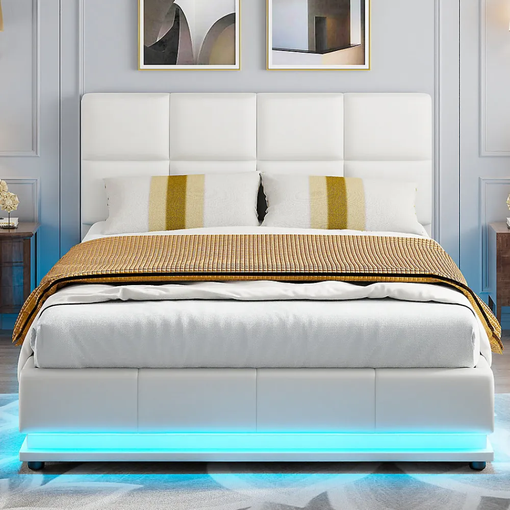 Lit Double 140x190 Cm, Avec Éclairage LED, Lit Avec Sommier Et Rangement, Pu, Blanc>Fortuna lai Sale