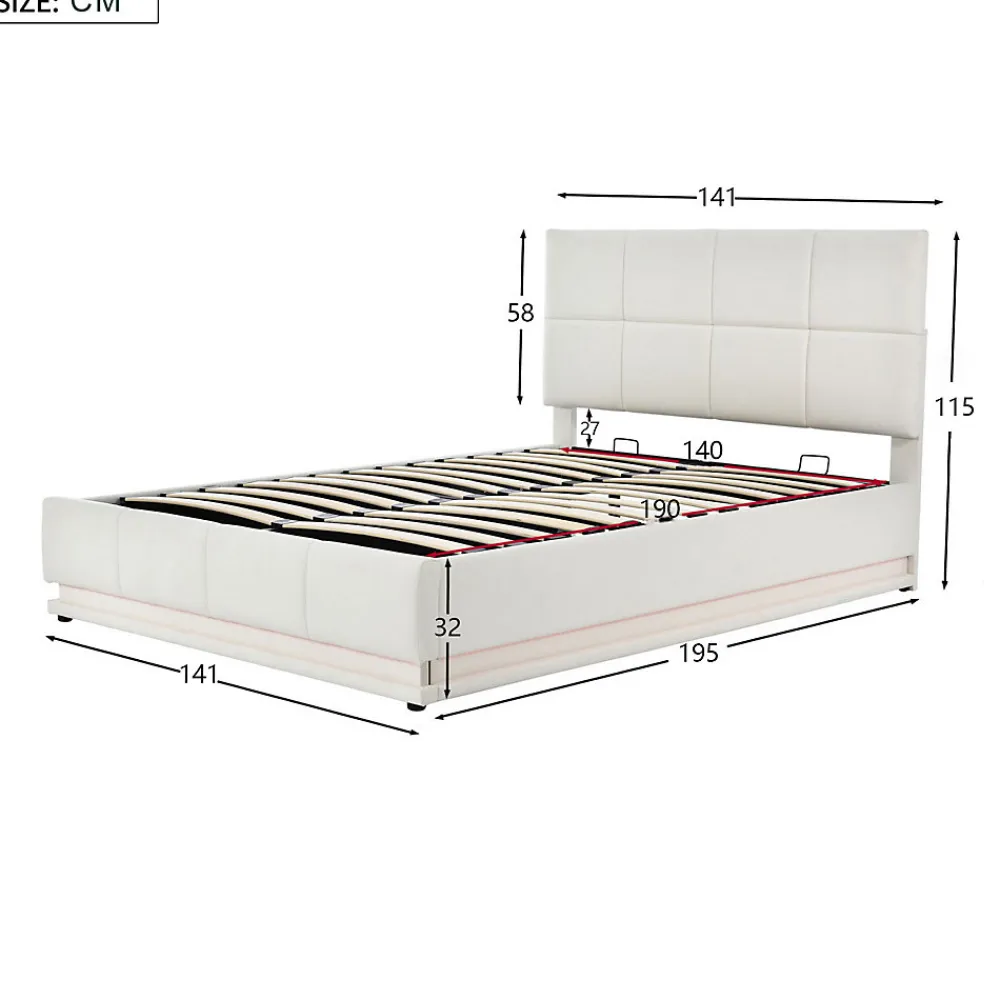 Lit Double 140x190 Cm, Avec Éclairage LED, Lit Avec Sommier Et Rangement, Pu, Blanc>Fortuna lai Sale