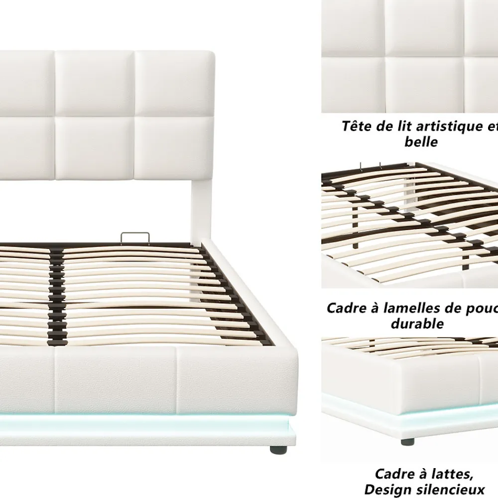 Lit Double 140x190 Cm, Avec Éclairage LED, Lit Avec Sommier Et Rangement, Pu, Blanc>Fortuna lai Sale