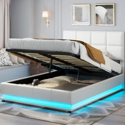 Lit Double 140x190 Cm, Avec Éclairage LED, Lit Avec Sommier Et Rangement, Pu, Blanc><noscript><img width=