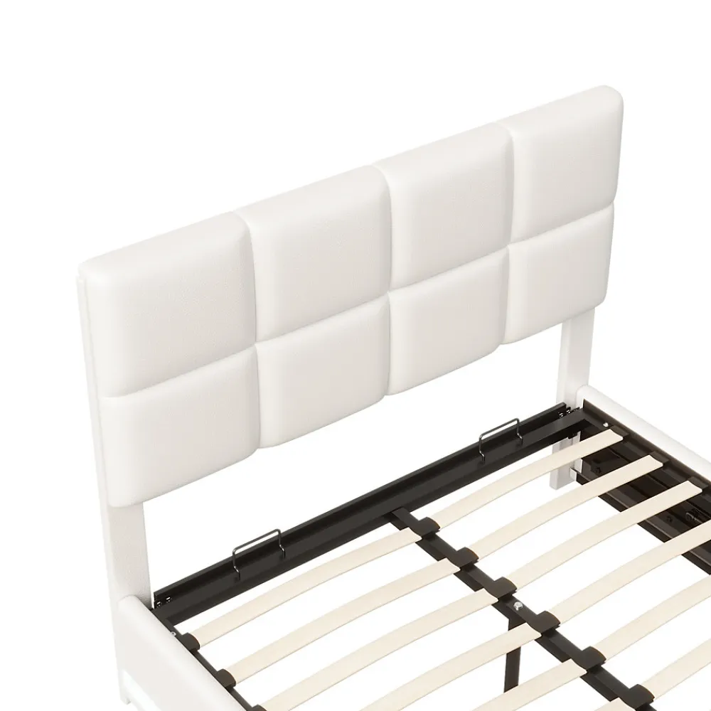 Lit Double 140x190 Cm, Avec Éclairage LED, Lit Avec Sommier Et Rangement, Pu, Blanc>Fortuna lai Sale