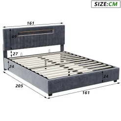 Fortuna lai Lit Double 160x200 cm avec Coffre de Rangement Hydraulique Velours Capitonné Gris, Éclairage LED Intégré et Cadre Robuste* Lit Coffre