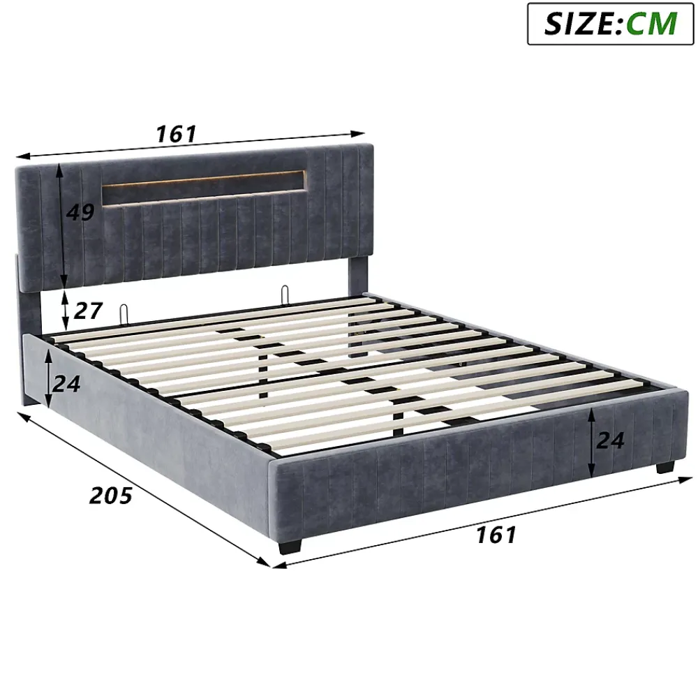 Fortuna lai Lit Double 160x200 cm avec Coffre de Rangement Hydraulique Velours Capitonné Gris, Éclairage LED Intégré et Cadre Robuste* Lit Coffre