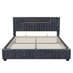 Fortuna lai Lit Double 160x200 cm avec Coffre de Rangement Hydraulique Velours Capitonné Gris, Éclairage LED Intégré et Cadre Robuste* Lit Coffre