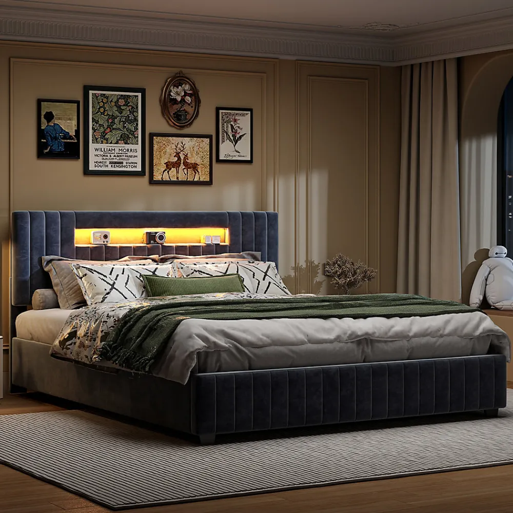 Fortuna lai Lit Double 160x200 cm avec Coffre de Rangement Hydraulique Velours Capitonné Gris, Éclairage LED Intégré et Cadre Robuste* Lit Coffre