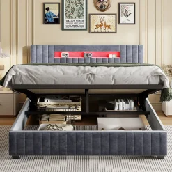 Fortuna lai Lit Double 160x200 cm avec Coffre de Rangement Hydraulique Velours Capitonné Gris, Éclairage LED Intégré et Cadre Robuste* Lit Coffre