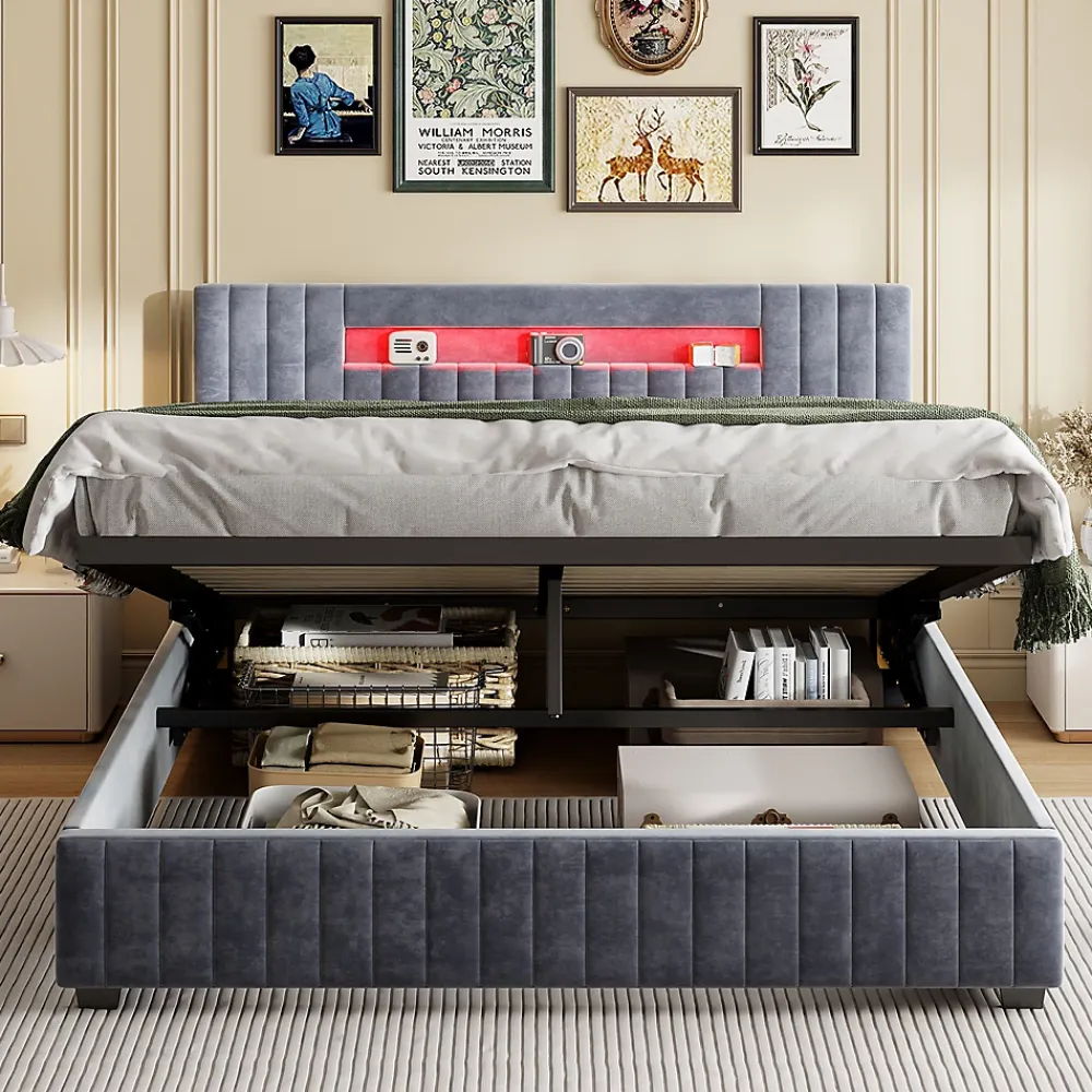 Fortuna lai Lit Double 160x200 cm avec Coffre de Rangement Hydraulique Velours Capitonné Gris, Éclairage LED Intégré et Cadre Robuste* Lit Coffre