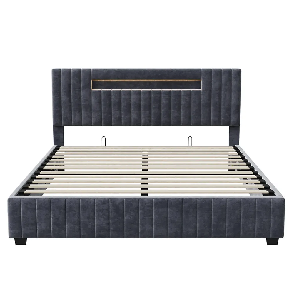 Lit Double 140x200 cm avec Coffre de Rangement Hydraulique Velours Capitonné Gris, Éclairage LED Intégré et Cadre Robuste>Fortuna lai Discount
