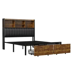 Simple Life Lit double 140x200 cm avec LED, structure en métal, 2 tiroirs, tête de lit avec rangement, sommier à lattes* Lit Coffre