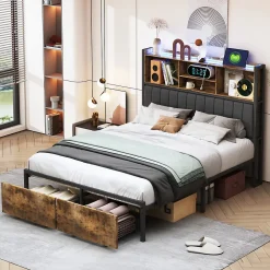 Simple Life Lit double 140x200 cm avec LED, structure en métal, 2 tiroirs, tête de lit avec rangement, sommier à lattes* Lit Coffre