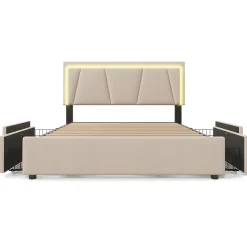 Generique Lit Double 140x200 cm avec LED et Tiroirs - Lit Capitonné avec Tête Réglable et Rangement - en Lin Beige, Sans Matelas* Lit Double