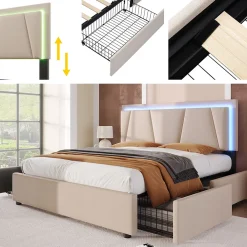 Generique Lit Double 140x200 cm avec LED et Tiroirs - Lit Capitonné avec Tête Réglable et Rangement - en Lin Beige, Sans Matelas* Lit Double