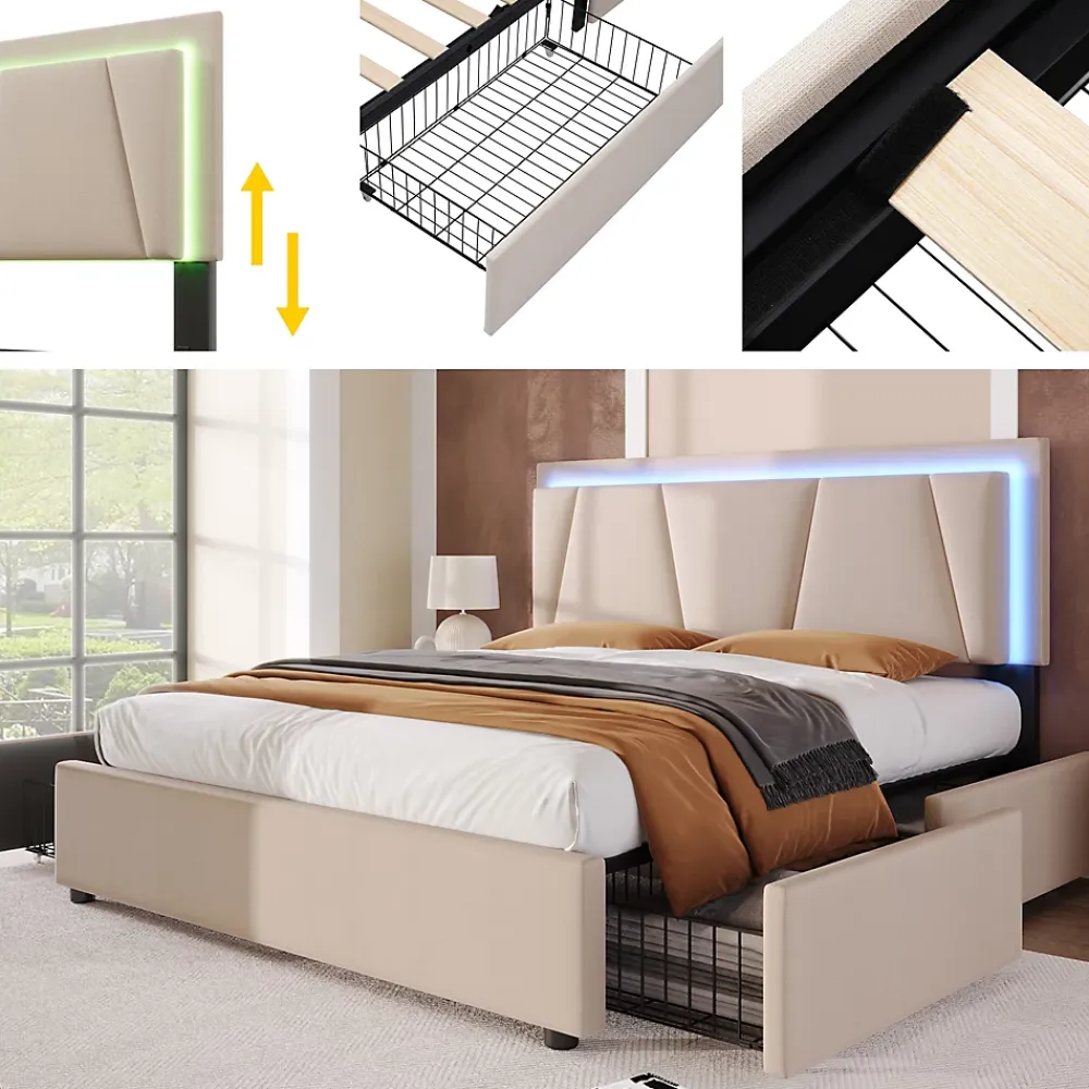 Generique Lit Double 140x200 cm avec LED et Tiroirs - Lit Capitonné avec Tête Réglable et Rangement - en Lin Beige, Sans Matelas* Lit Double