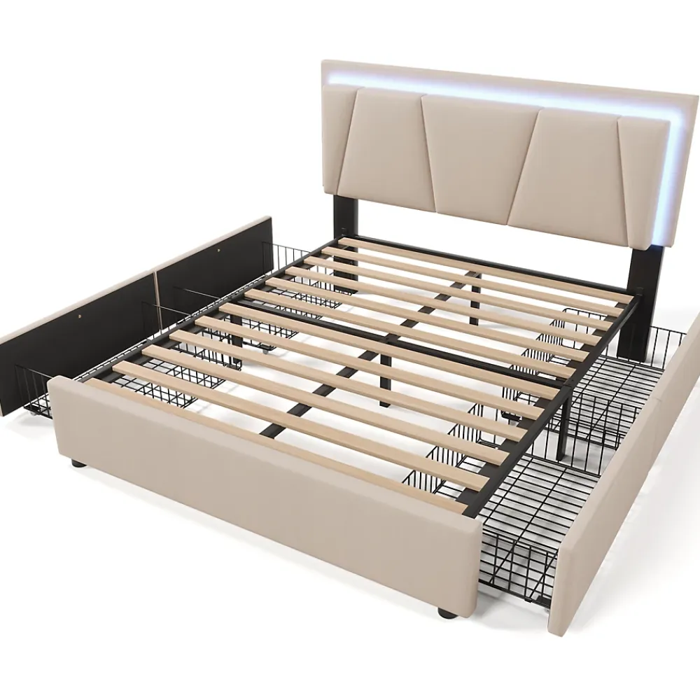 Generique Lit Double 140x200 cm avec LED et Tiroirs - Lit Capitonné avec Tête Réglable et Rangement - en Lin Beige, Sans Matelas* Lit Double