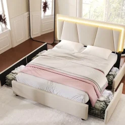 Generique Lit Double 140x200 cm avec LED et Tiroirs - Lit Capitonné avec Tête Réglable et Rangement - en Lin Beige, Sans Matelas* Lit Double