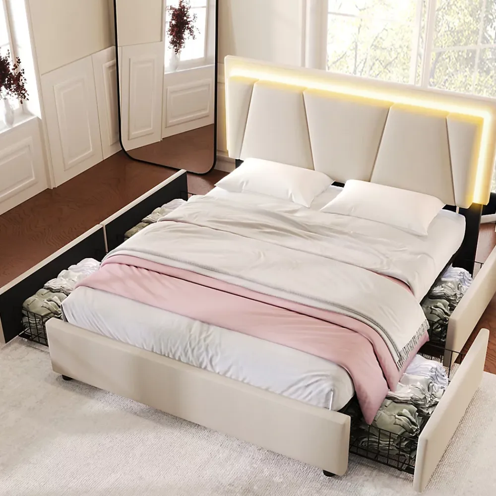 Generique Lit Double 140x200 cm avec LED et Tiroirs - Lit Capitonné avec Tête Réglable et Rangement - en Lin Beige, Sans Matelas* Lit Double