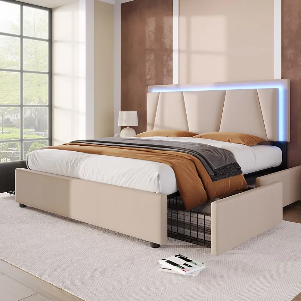 Generique Lit Double 140x200 cm avec LED et Tiroirs - Lit Capitonné avec Tête Réglable et Rangement - en Lin Beige, Sans Matelas* Lit Double