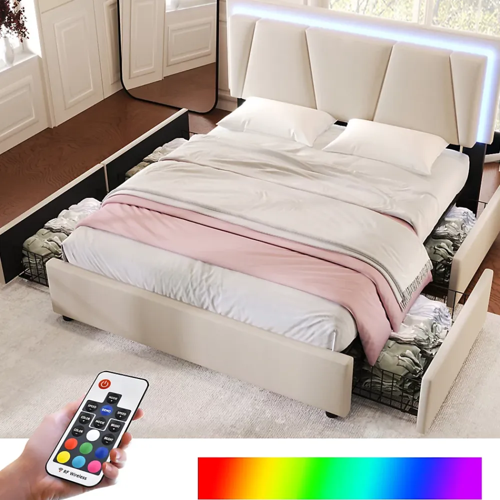 Generique Lit Double 140x200 cm avec LED et Tiroirs - Lit Capitonné avec Tête Réglable et Rangement - en Lin Beige, Sans Matelas* Lit Double