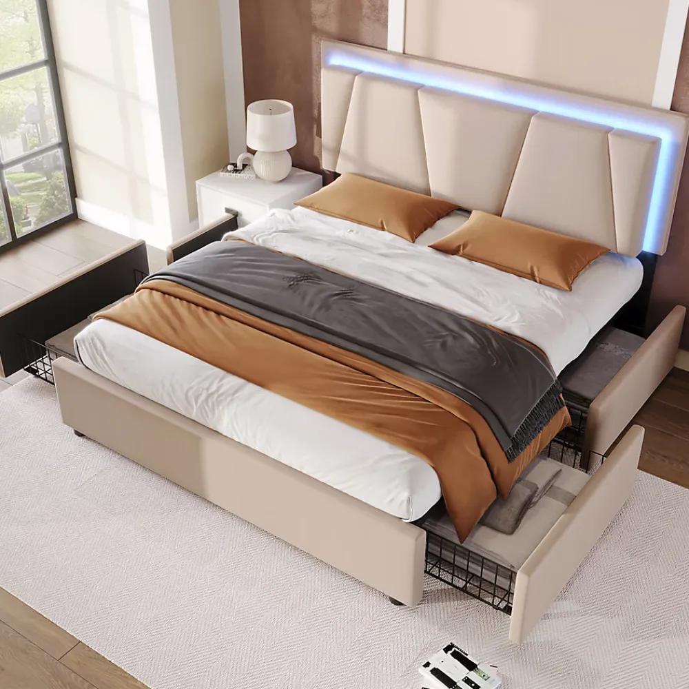 Generique Lit Double 140x200 cm avec LED et Tiroirs - Lit Capitonné avec Tête Réglable et Rangement - en Lin Beige, Sans Matelas* Lit Double
